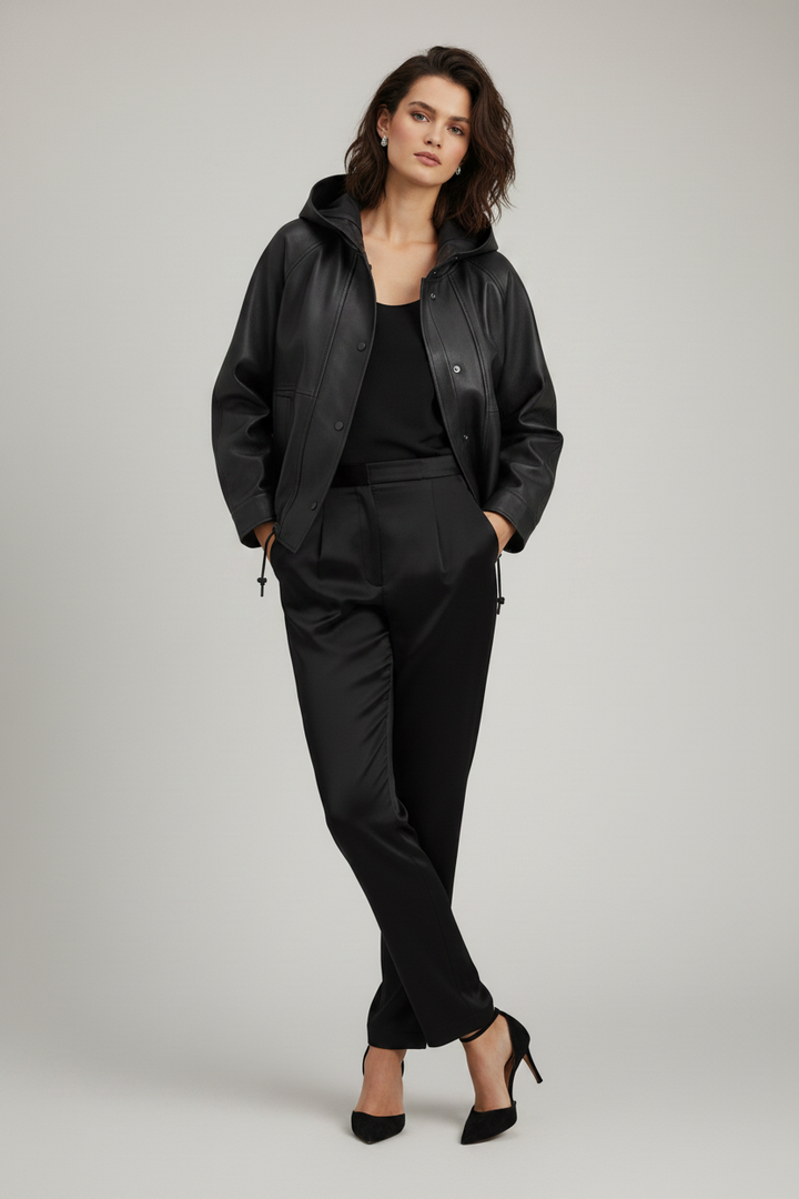 ISABELLE - Hooded Sheepskin - black leather, matte, quiet luxury