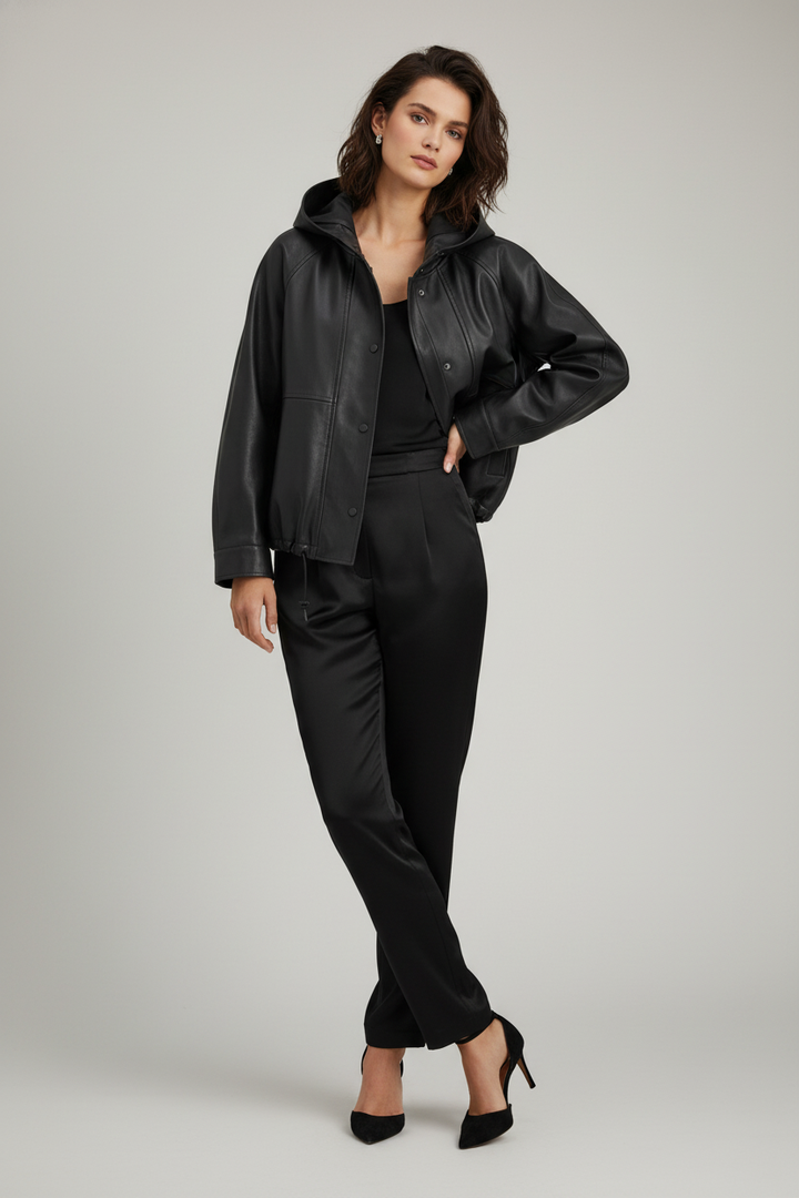 ISABELLE - Hooded Sheepskin - black matte leather, hooded jacket, quiet luxury