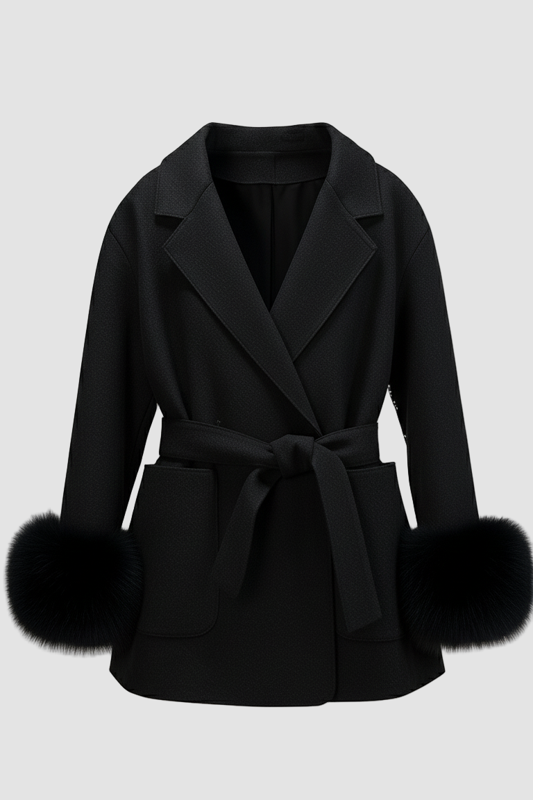 Black coat with fur cuffs on a light gray background