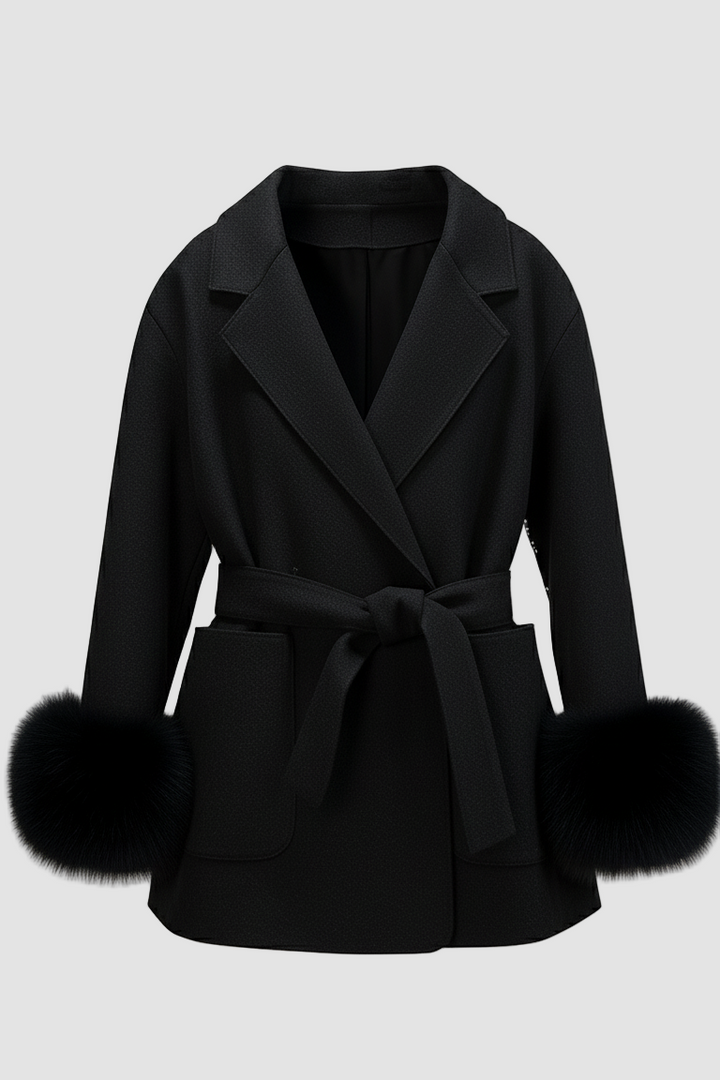 Black coat with fur cuffs on a light gray background