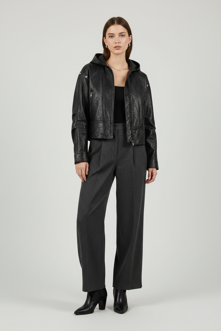 JOSETTE - HOODED LEATHER - black faux-leather, relaxed fit, prominent zip, silver buttons