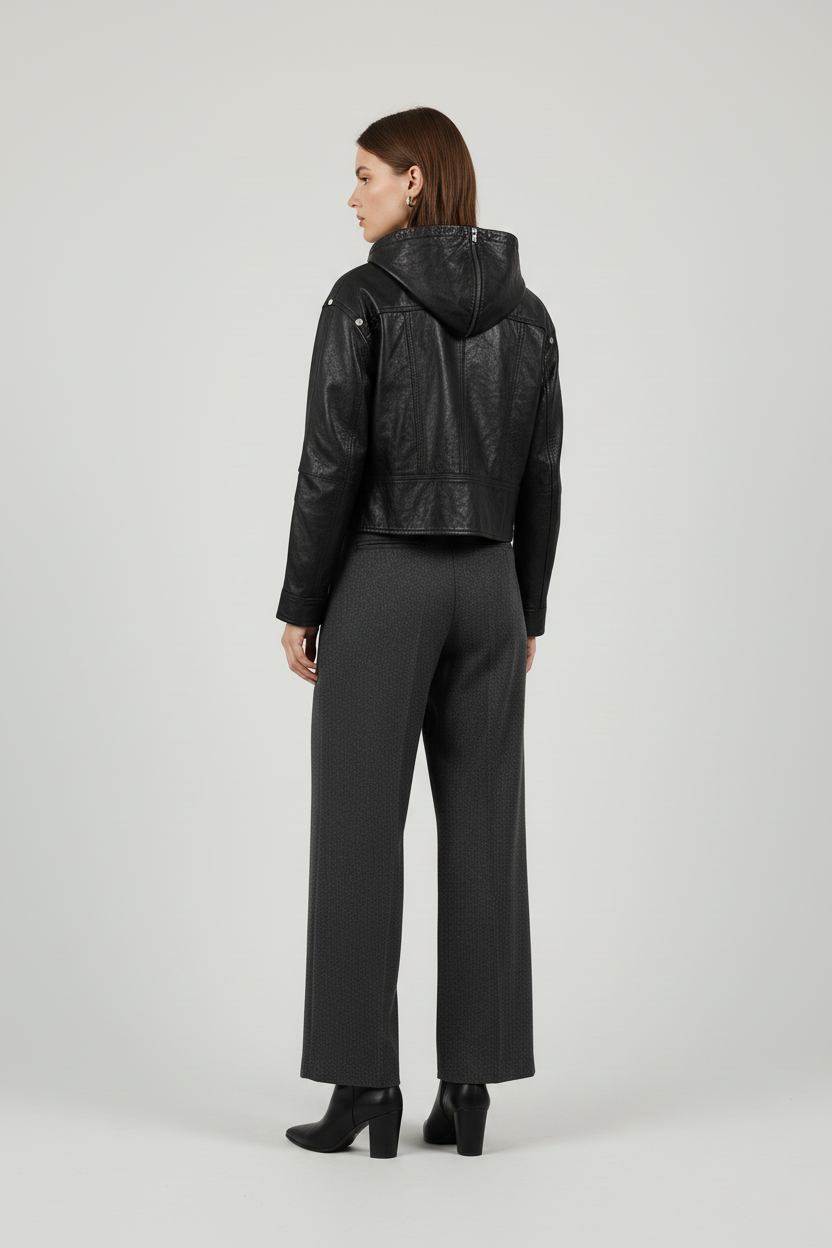JOSETTE - HOODED LEATHER - black jacket premium minimalist, rear view
