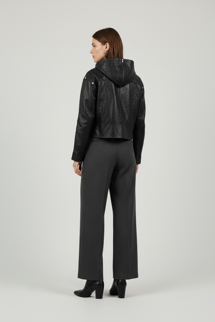 JOSETTE - HOODED LEATHER - black jacket premium minimalist, rear view