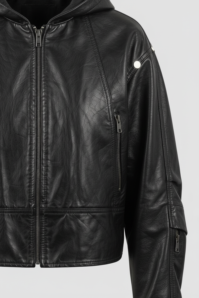 JOSETTE - HOODED LEATHER - bottom hem, leather detail
