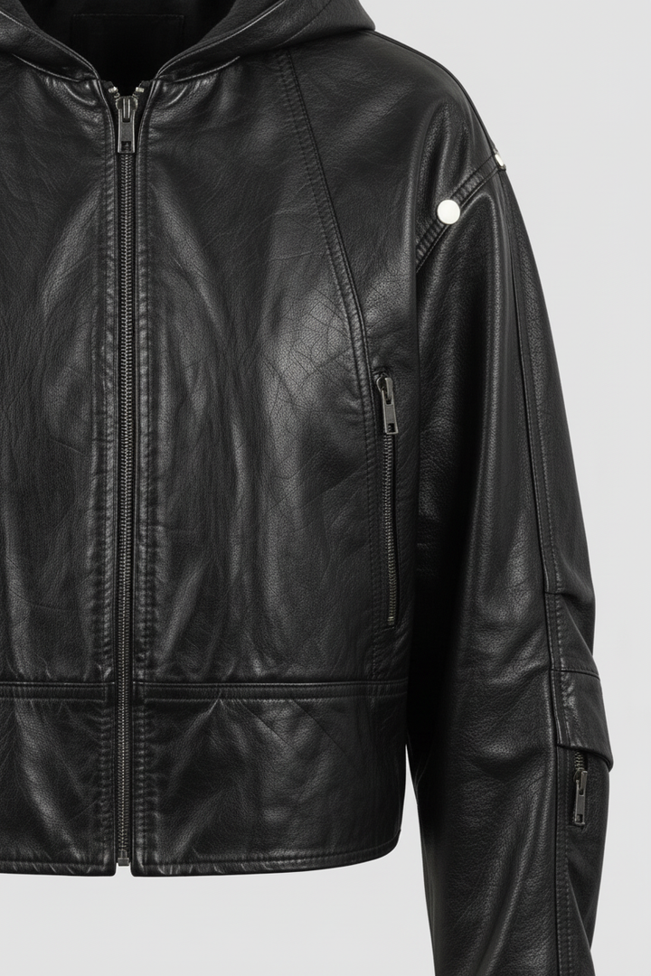 JOSETTE - HOODED LEATHER - bottom hem, leather detail