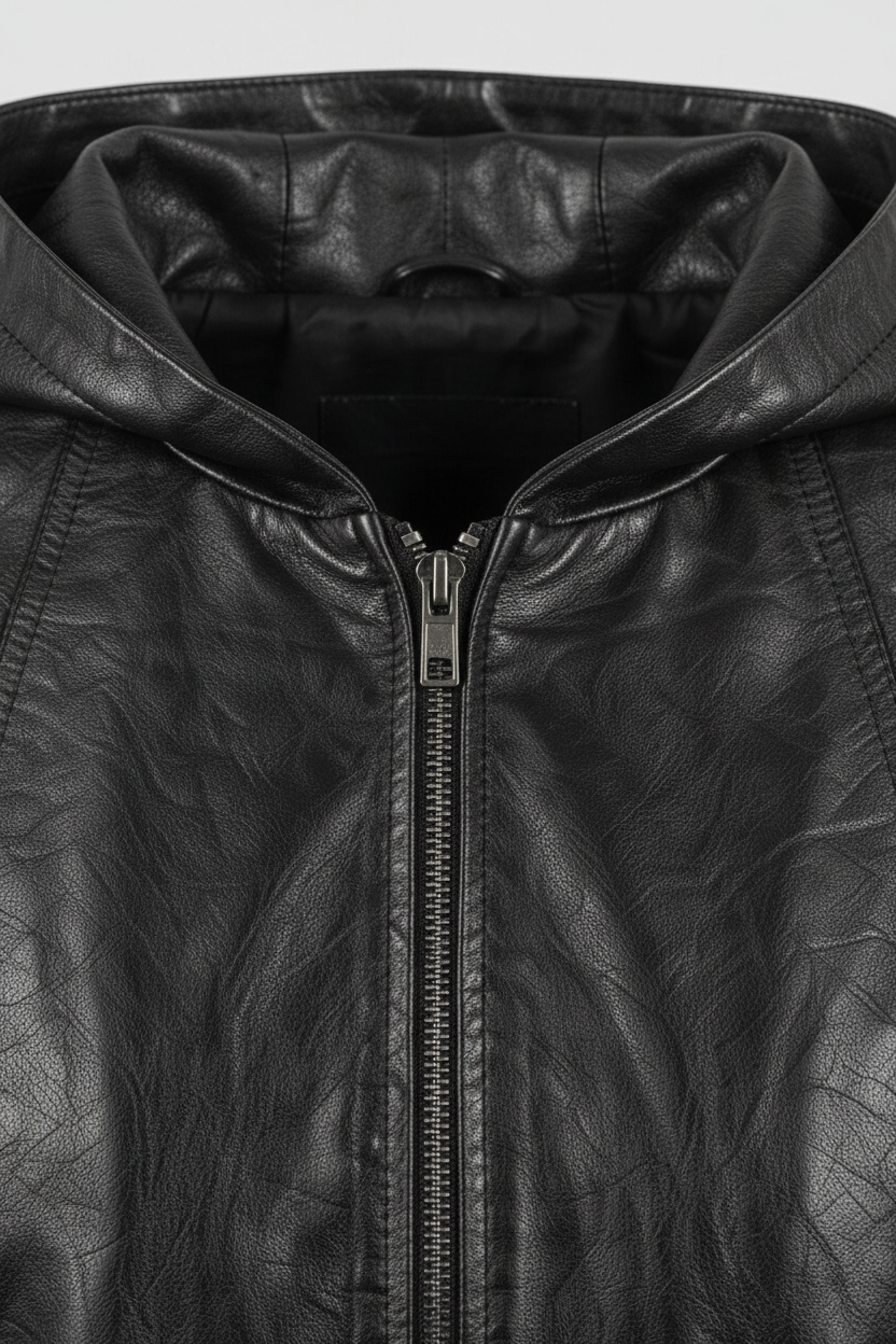 JOSETTE - HOODED LEATHER - Collar detail, stitching, leather texture