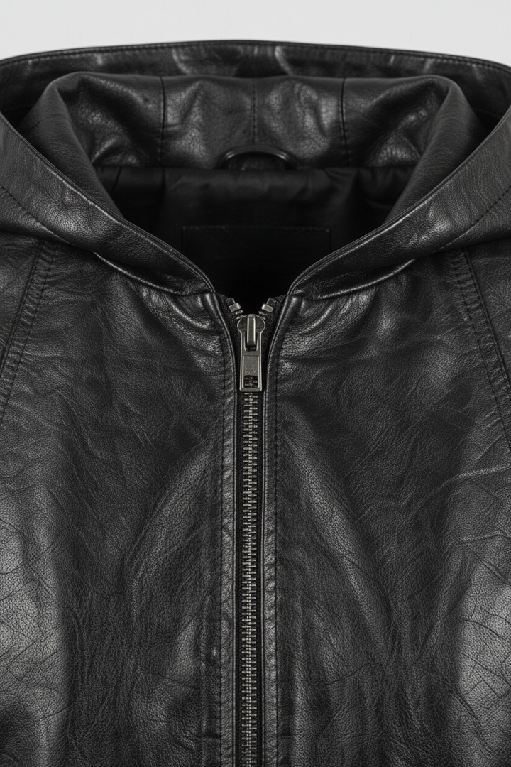 JOSETTE - HOODED LEATHER - Collar detail, stitching, leather texture