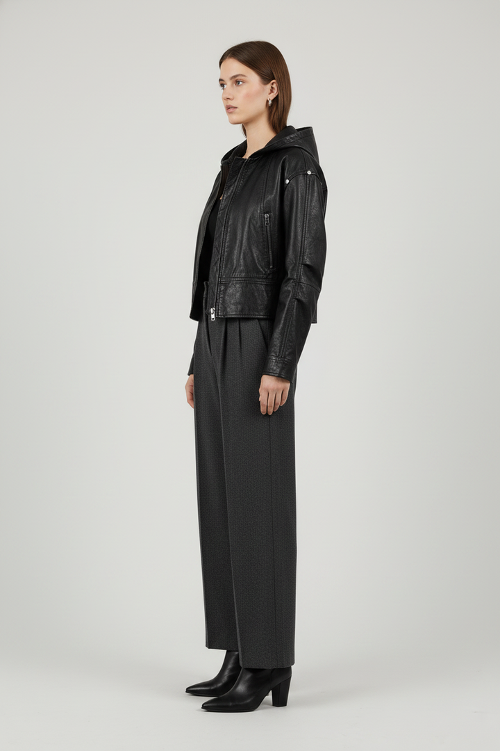 JOSETTE - HOODED LEATHER - quiet luxury elegant outerwear, side profile