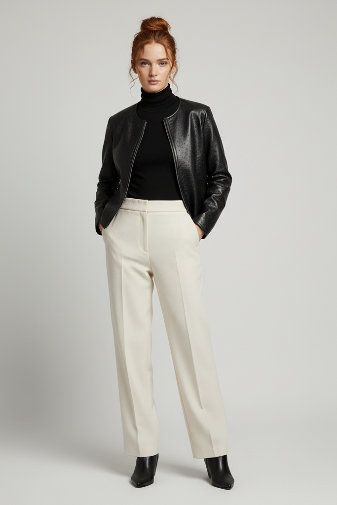 KENNA - Luxurious Round-Neck - black jacket, hands in pocket  front view