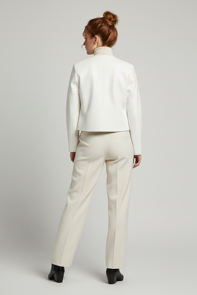 KENNA - Luxurious Round-Neck - white jacket, cream turtleneck, rear view