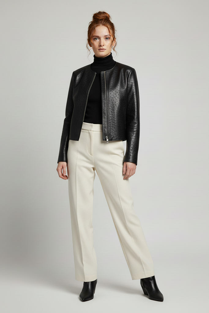 KENNA - Luxurious Round-Neck - black ostrich-embossed leather bomber, front view