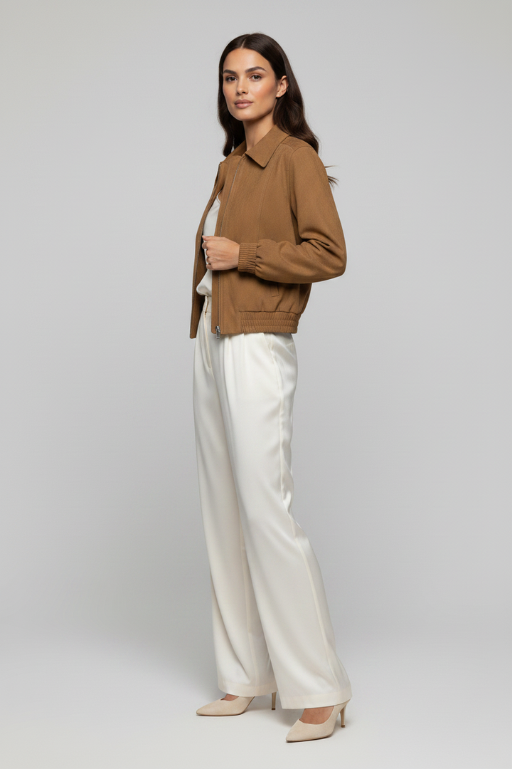 KINSLEY - Suede Leather Bomber - Caramel Suede Bomber Jacket, hands in pockets