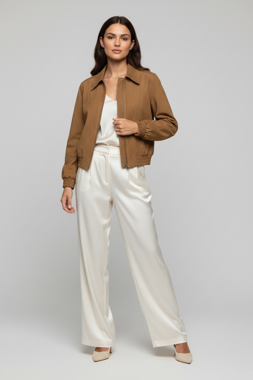 KINSLEY - Suede Leather Bomber - caramel suede bomber, Quiet Luxury, elegant fashion