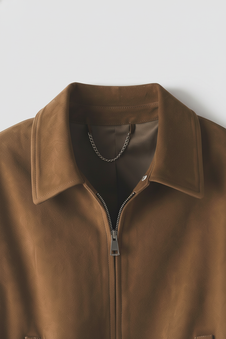 KINSLEY - Suede Leather Bomber - caramel brown, side profile view