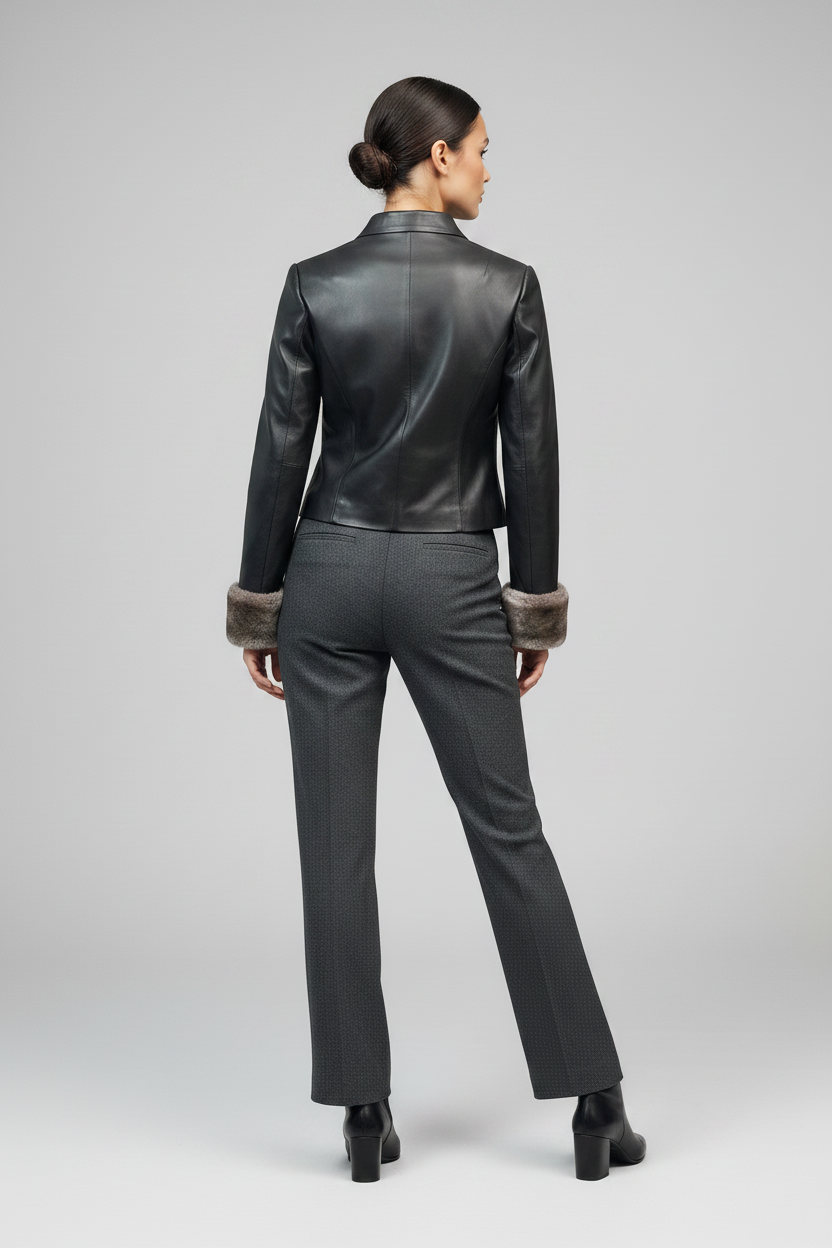 LANCASTER - CROPPED SHEEPS - black leather, grey fur cuffs, tailored fit, rear view