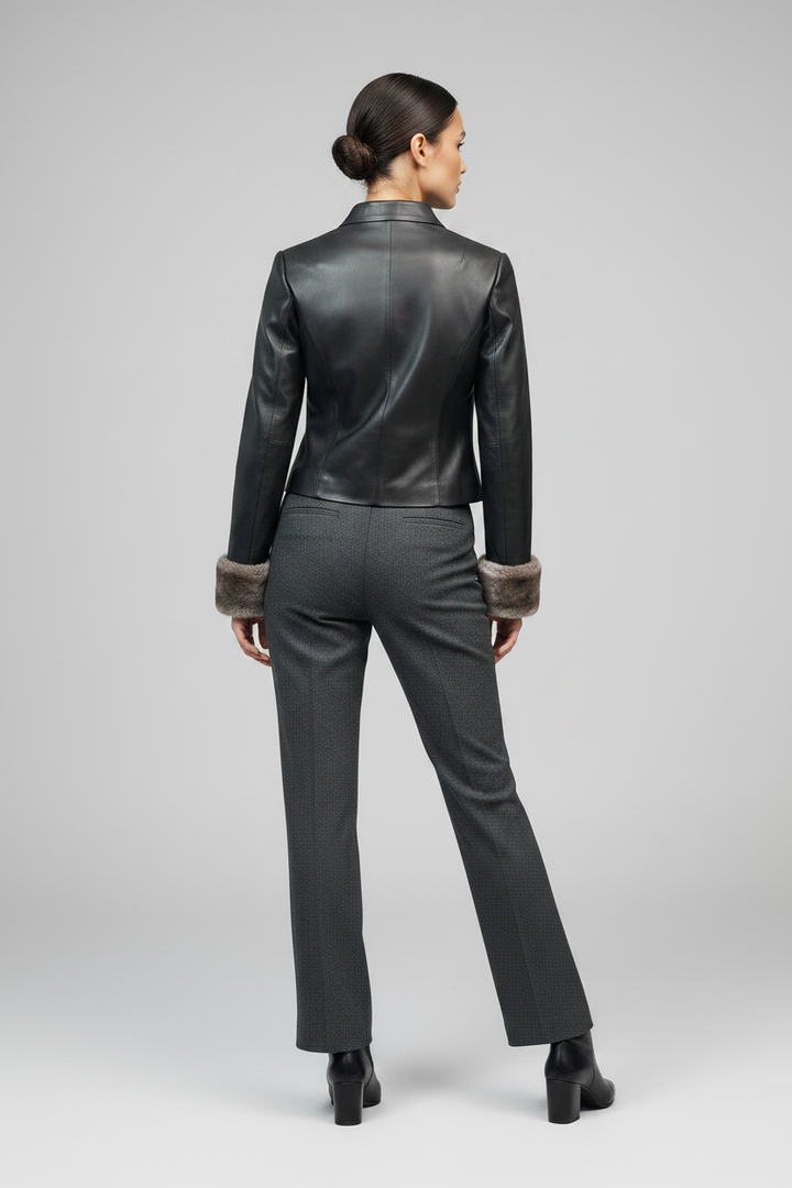 LANCASTER - CROPPED SHEEPS - black leather, grey fur cuffs, tailored fit, rear view