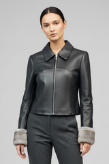 LANCASTER - Cropped Sheepskin Leather Jacket with Mink Fur Cuffs