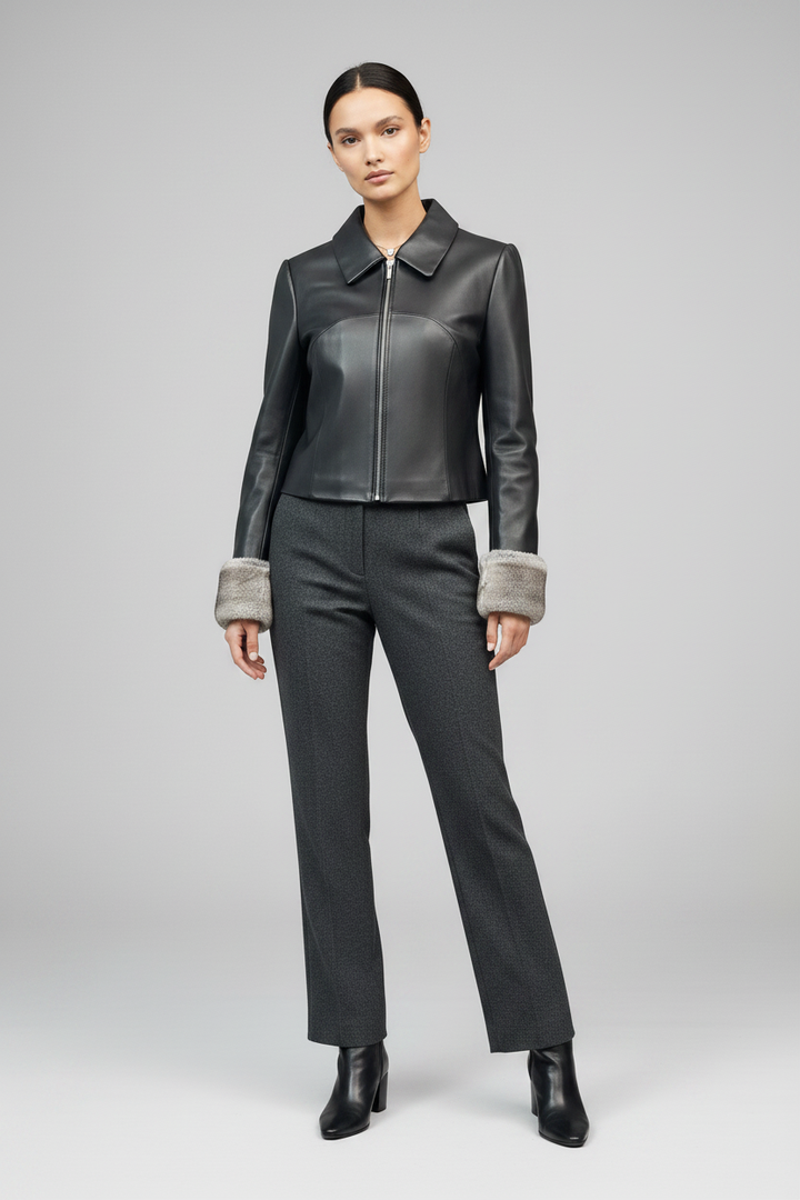 LANCASTER - CROPPED SHEEPSKIN - black leather, fur cuffs, studio luxury