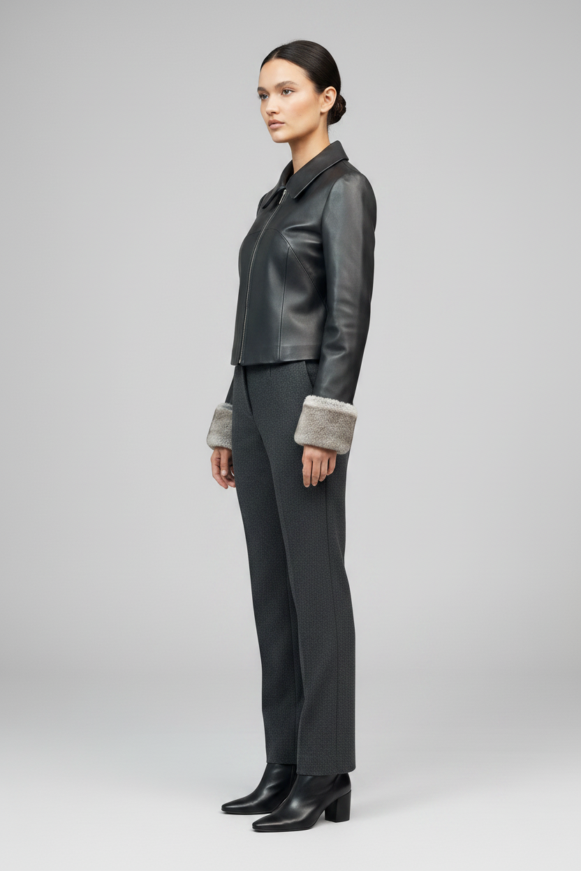 LANCASTER - CROPPED SHEEPSKIN - black leather, notched collar, silver zipper