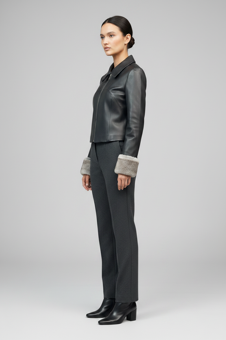 LANCASTER - CROPPED SHEEPSKIN - black leather, notched collar, silver zipper