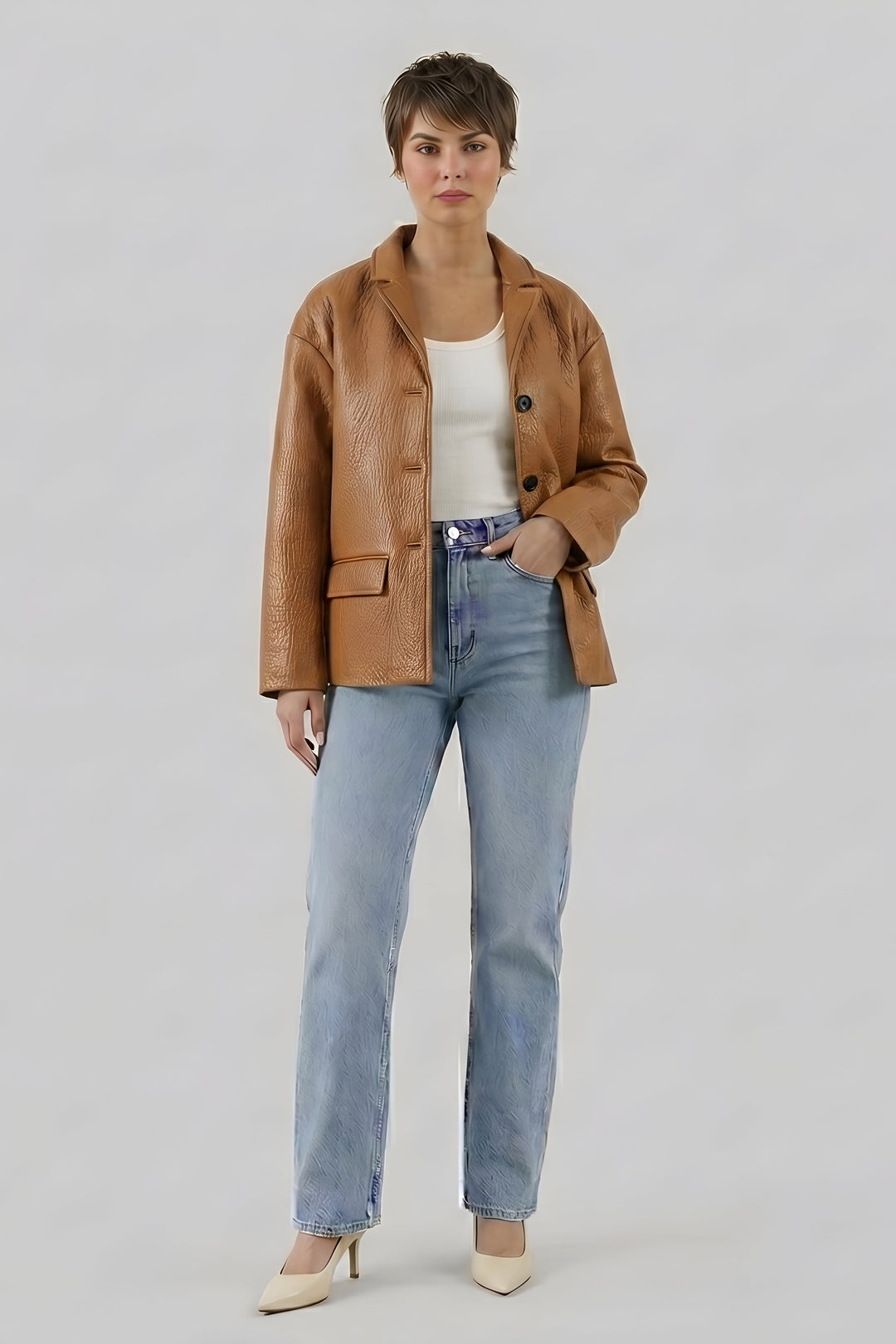 LANE bubble leather coat women brown front minimalist leather jacket