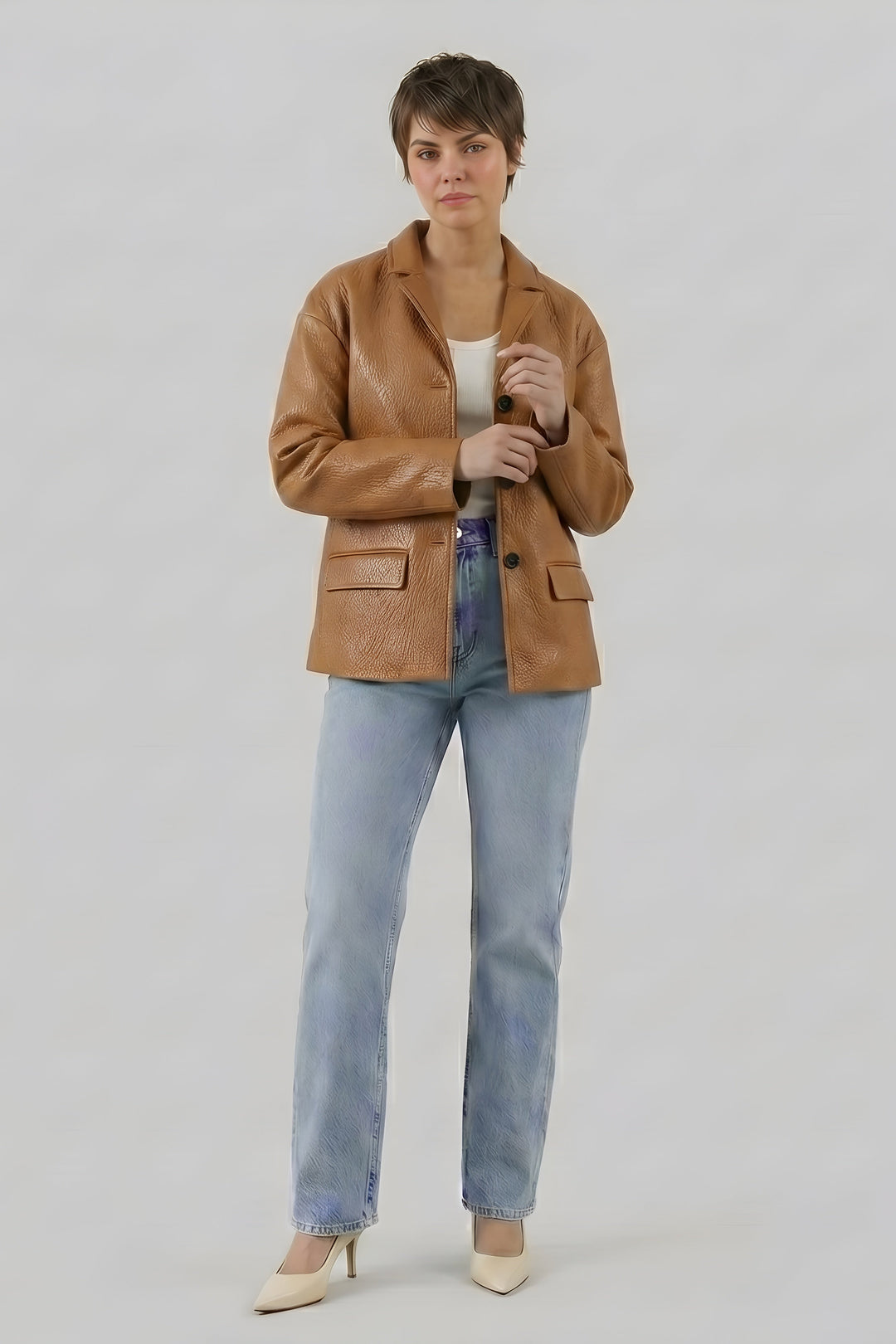 LANE bubble leather coat women brown walking pose leather jacket
