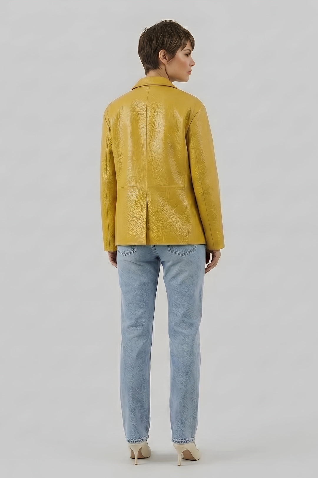 LANE bubble leather coat women yellow back view textured leather jacket