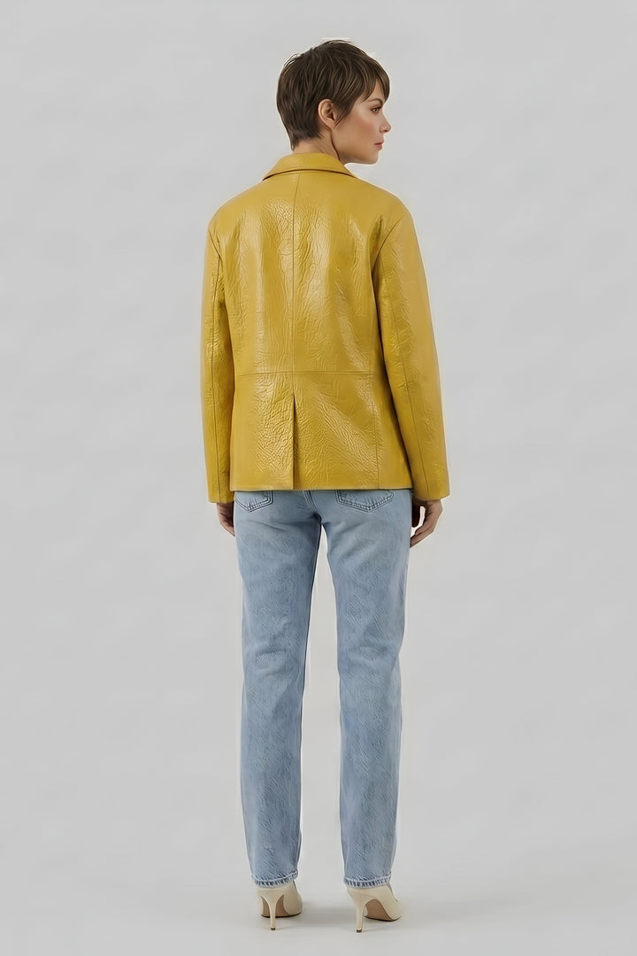 LANE bubble leather coat women yellow back view textured leather jacket