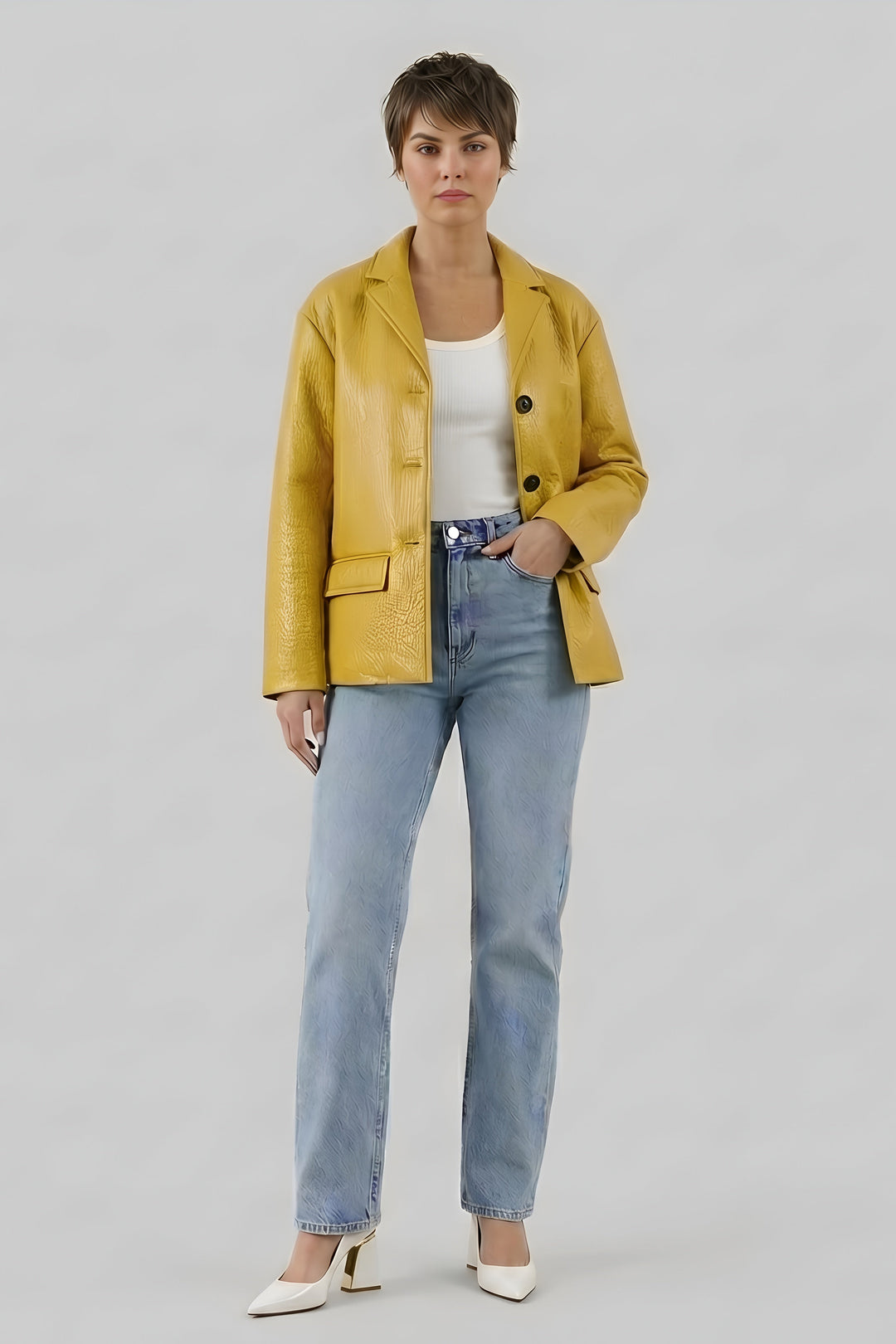 LANE bubble leather coat women yellow front single breasted leather jacket