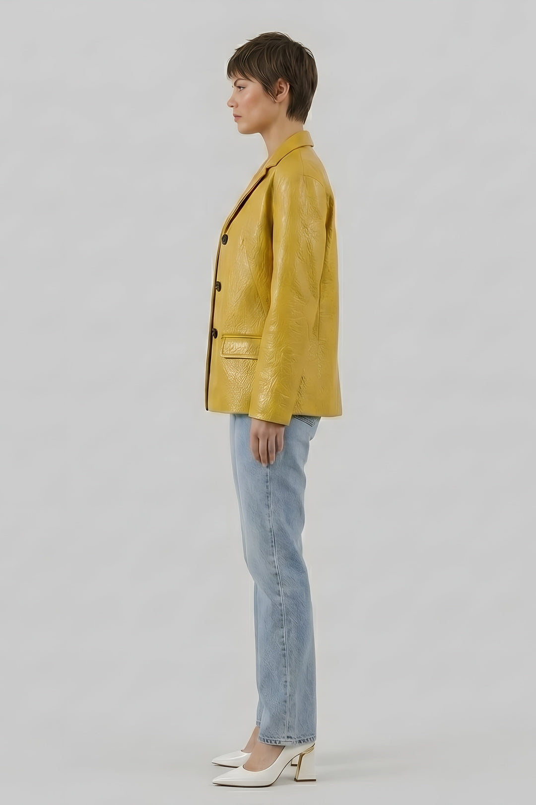 LANE bubble leather coat women yellow side profile leather jacket