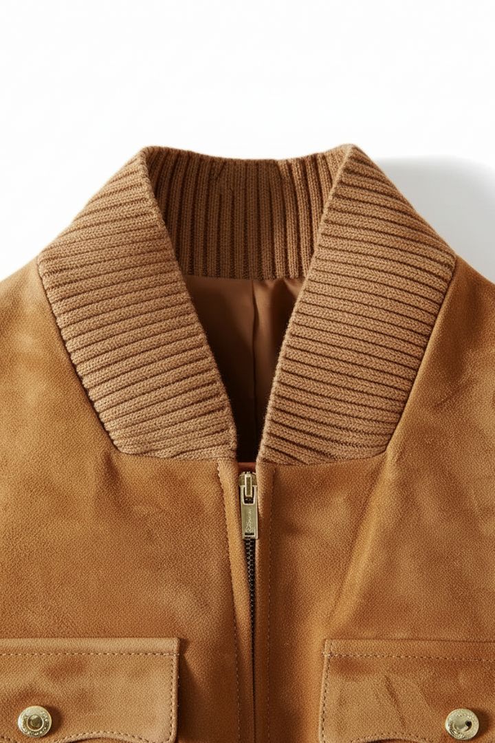LOGAN - Suede Leather Bom - collar detail, stitching, suede texture
