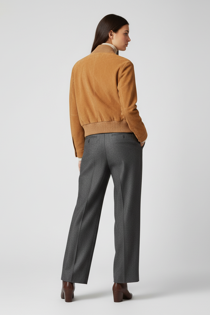 LOGAN - Suede Leather Bom - suede bomber, women's elegant, rear profile