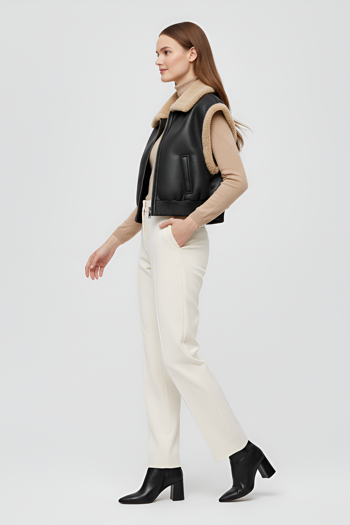 luxury faux leather sherpa vest women cropped cut layered over sweater elegant winter outfit