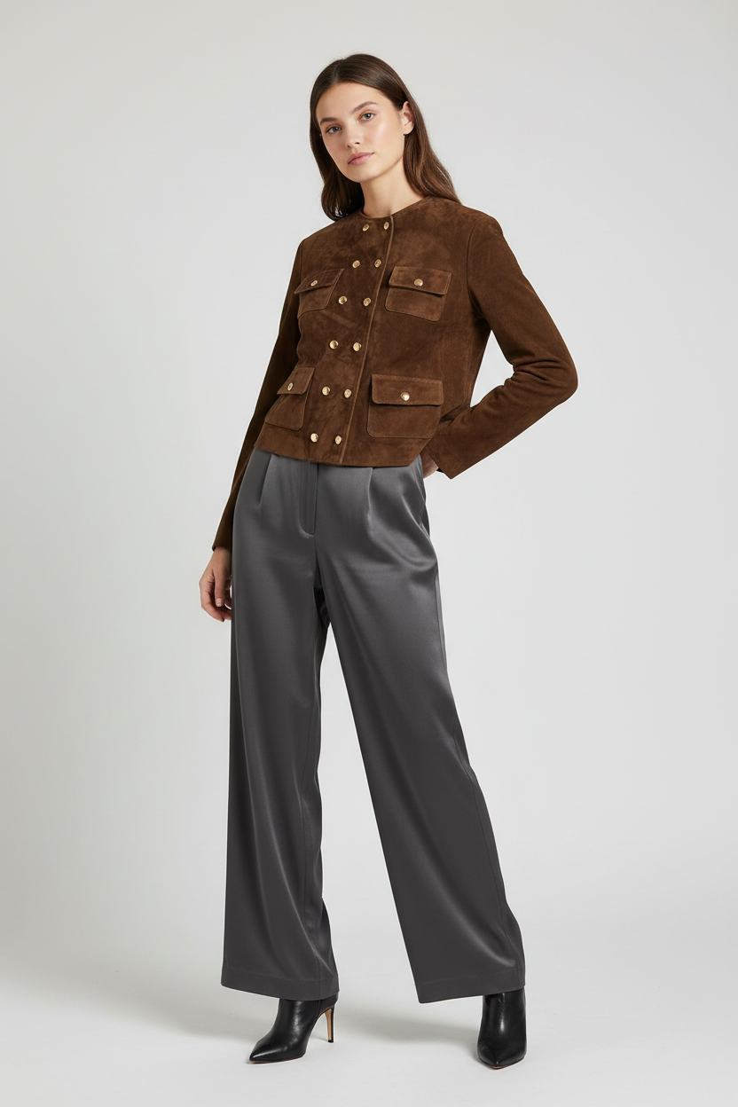 MARGAUX - Double-Breasted - brown suede cropped gold buttons