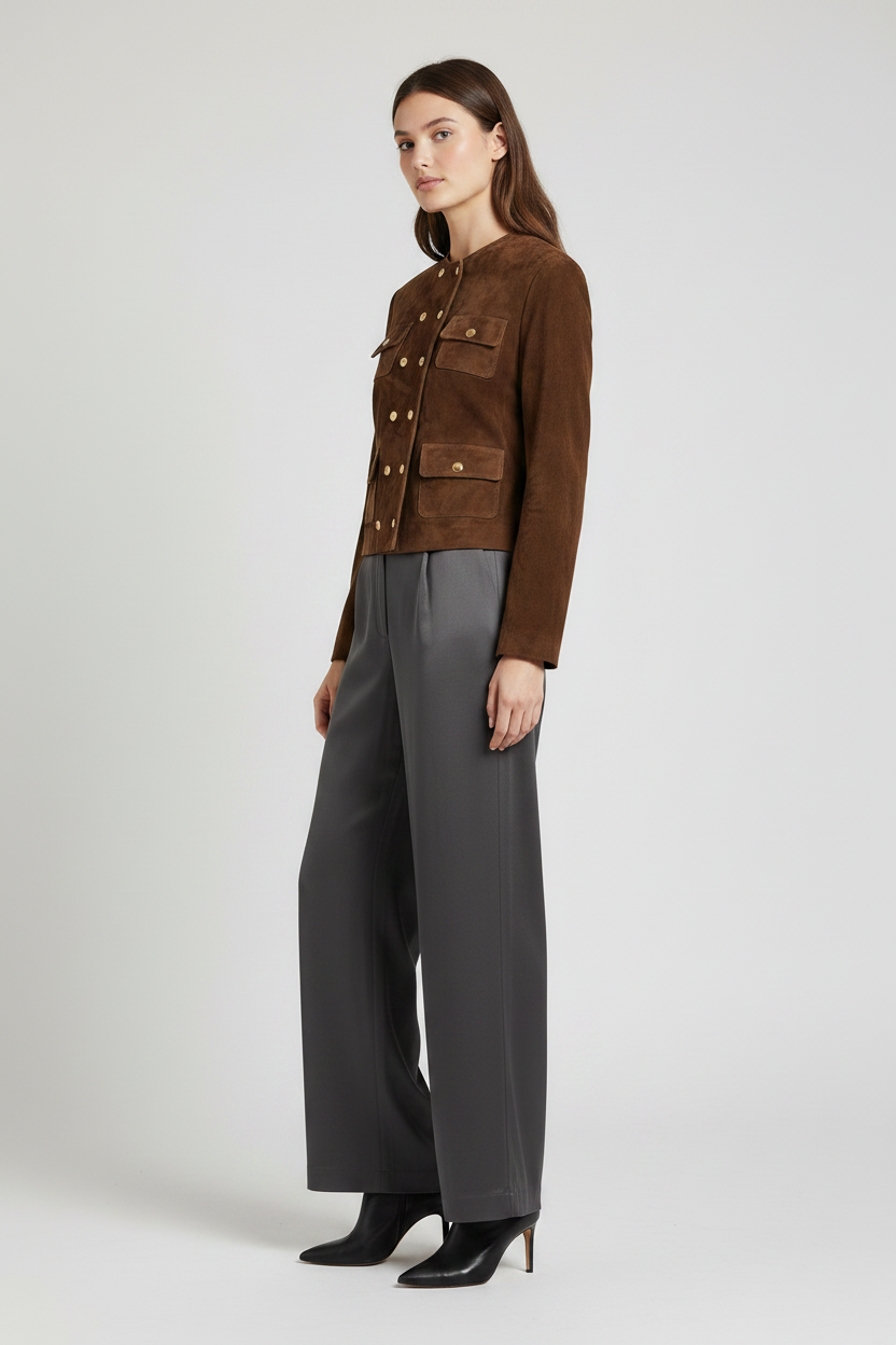 MARGAUX - Double-Breasted - brown suede, cropped, gold buttons, quiet luxury