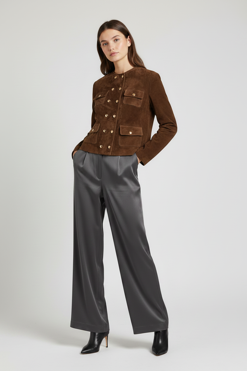MARGAUX - Double-Breasted - brown suede cropped gold buttons