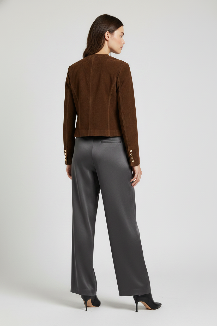 MARGAUX - Double-Breasted - brown suede, gold buttons, rear view, quiet luxury