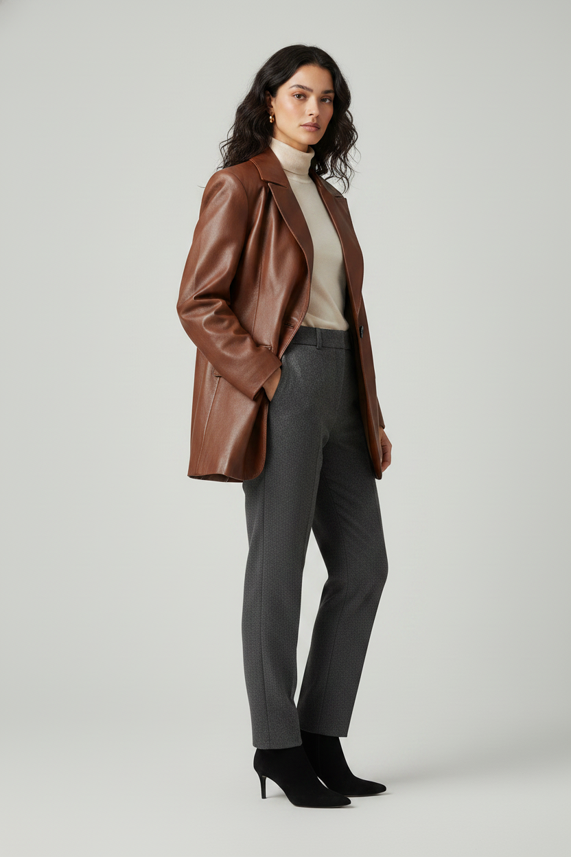 MARGOT - Vegetable-Tanned - cognac oversized blazer, supple leather, quiet luxury