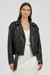 MARIANNE - Cropped Genuine Cowhide Moto Leather Jacket