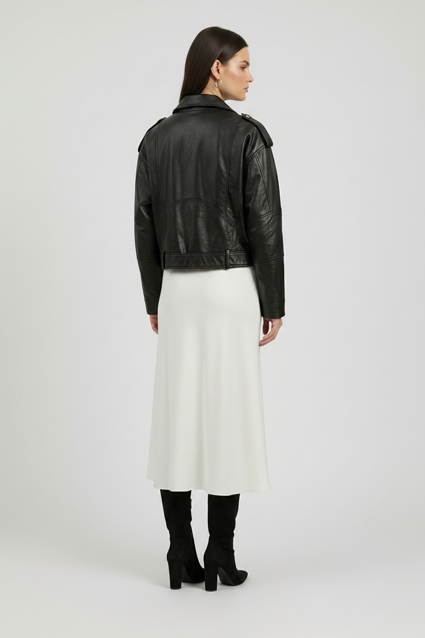 MARIANNE - MOTO LEATHER Jacket - quiet luxury black leather jacket, rear view