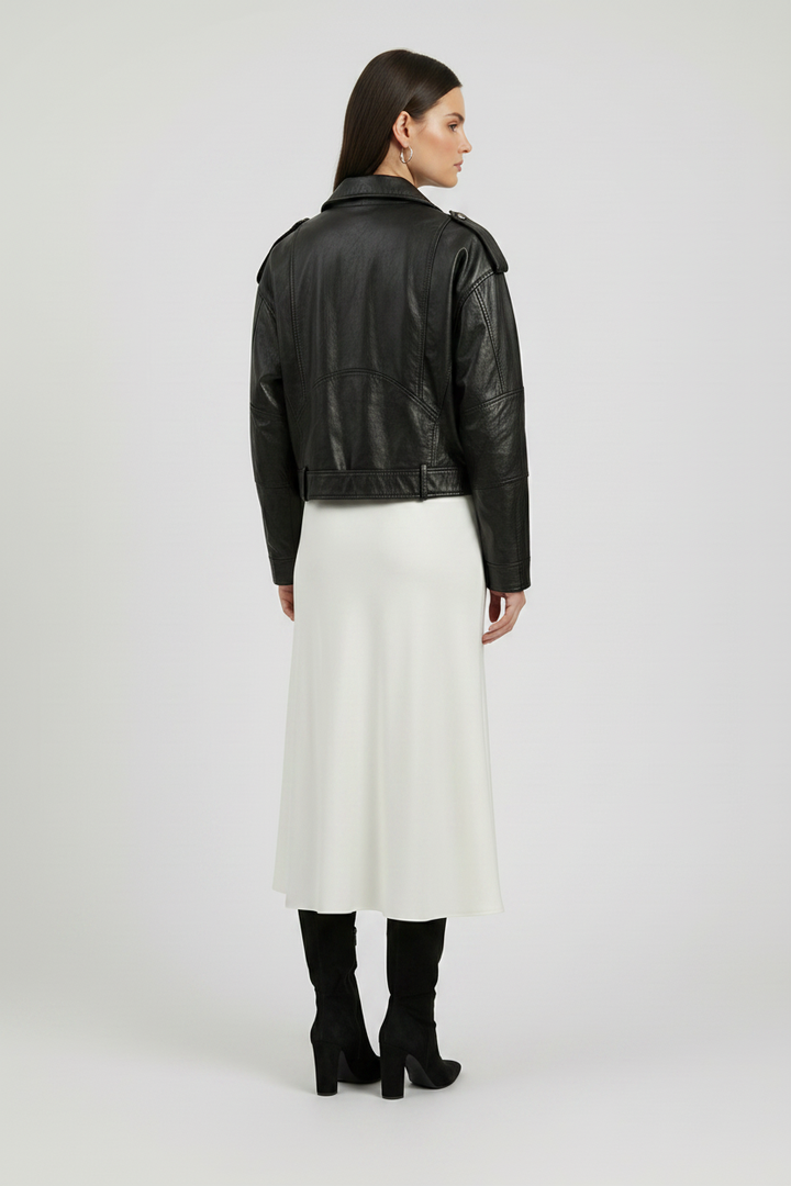 MARIANNE - MOTO LEATHER Jacket - quiet luxury black leather jacket, rear view