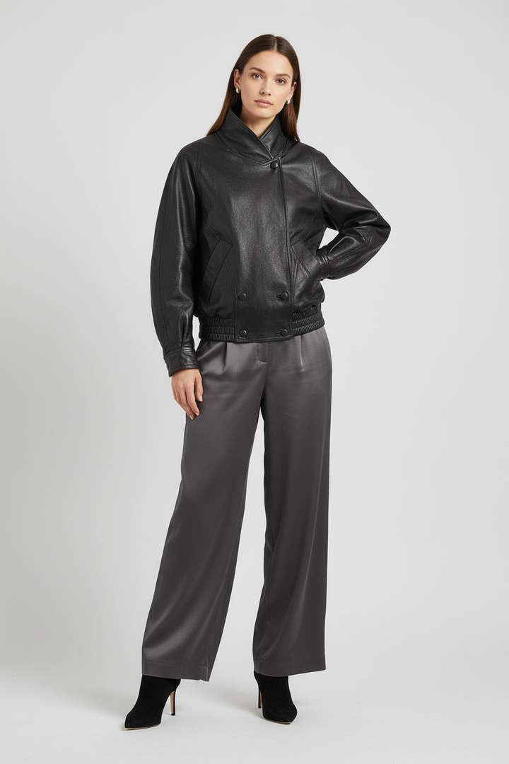 MARTINE - Goat Leather Jacket - black leather, asymmetrical collar, bomber jacket