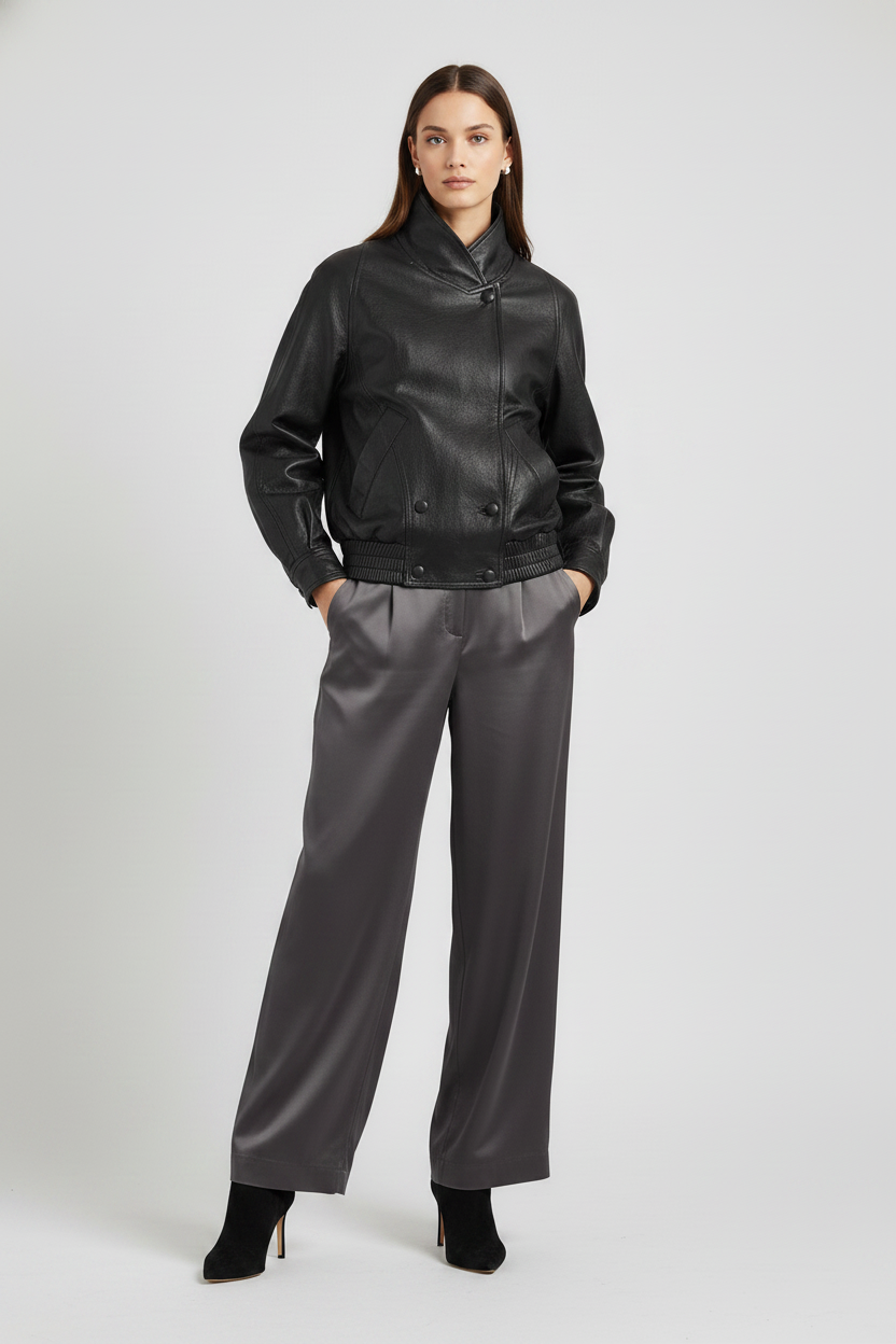 MARTINE - Goat Leather Jacket - black leather bomber, asymmetrical collar