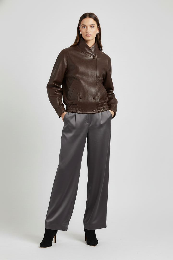 MARTINE - Goat Leather Jacket - dark brown jacket on model, front view
