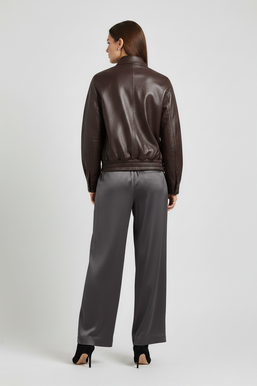 MARTINE - Goat Leather Jacket - dark brown jacket on model, rear view