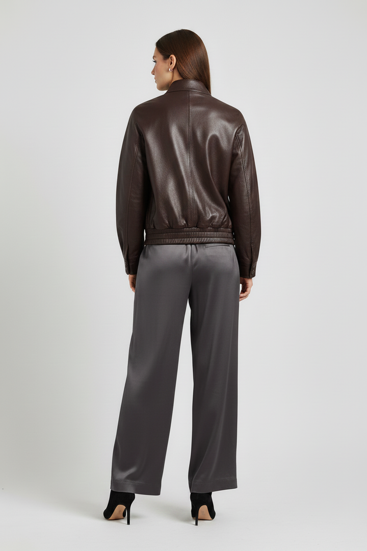 MARTINE - Goat Leather Jacket - dark brown jacket on model, rear view