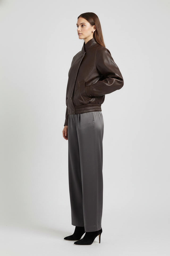MARTINE - Goat Leather Jacket - dark brown jacket on model, side profile