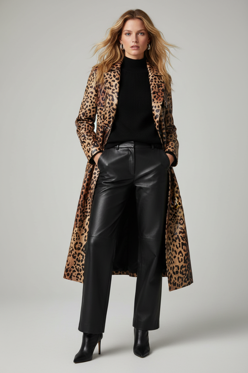 MCKINLEY – Leopard Print Coat, Open Front, editorial pose with hand in pocket