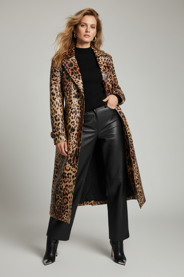 MCKINLEY – Leopard Print Coat, Open Front, relaxed pose with hand in pocket