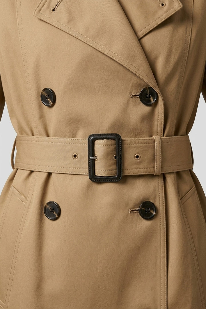 Close-up of the square belt buckle and double-breasted buttons on the MEREDITH trench coat
